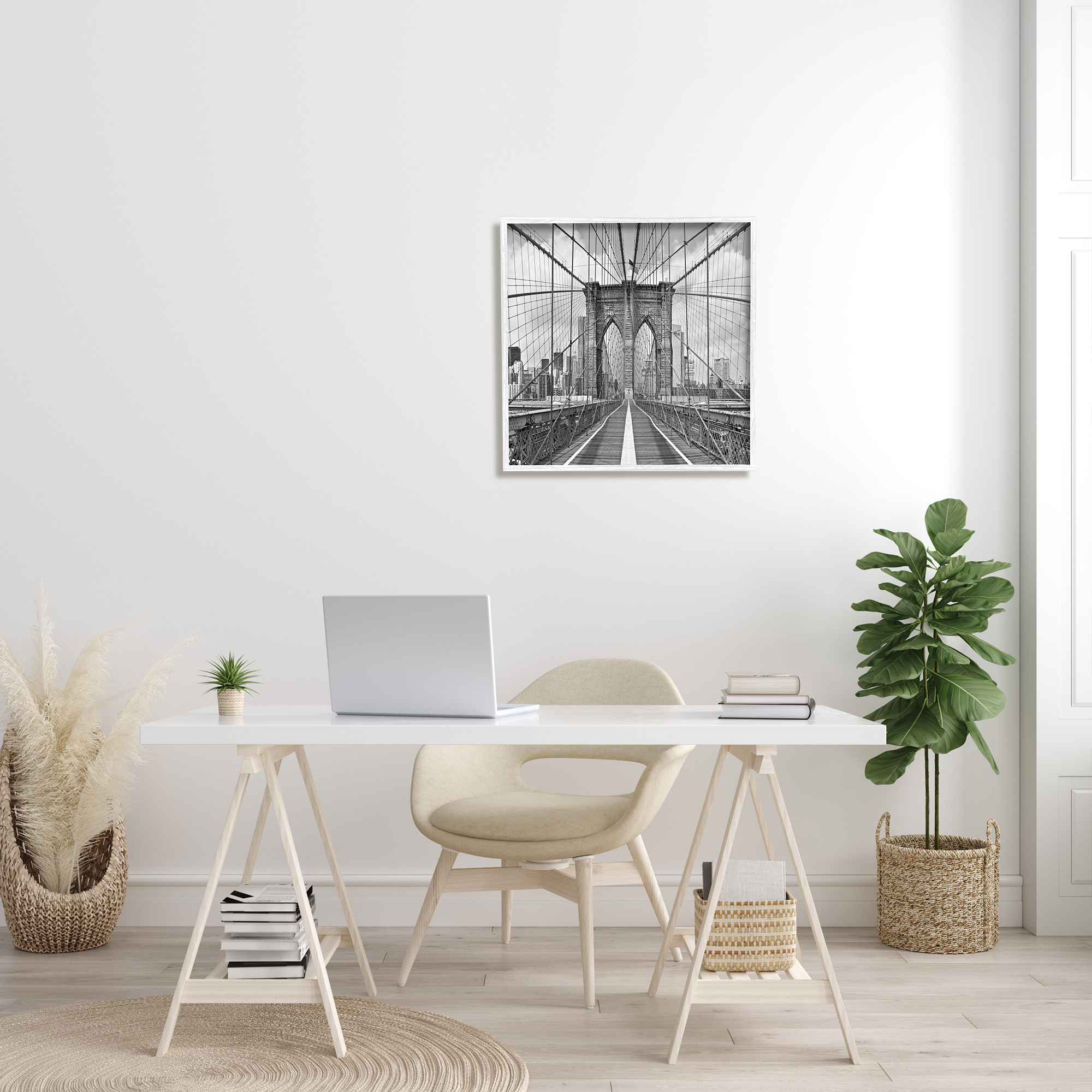 Stupell Industries Brooklyn Bridge Black White Industrial Landscape City Architecture, 24 x 24, Design by Shelley Lake