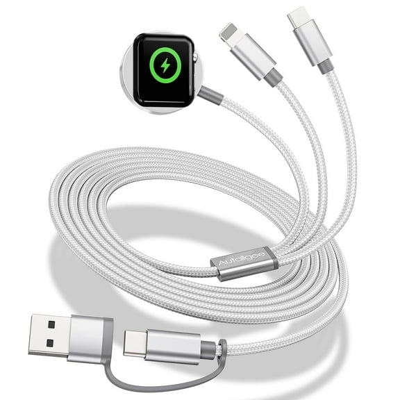 3-in-2 Watch Charging Cable Compatible with Apple Watch Ultra/SE/Series 10/9/8/7/6/5/4/3/2/1 & iPhone 16/15/14/13 & Galaxy S24 - 4FT Travel Charger - White
