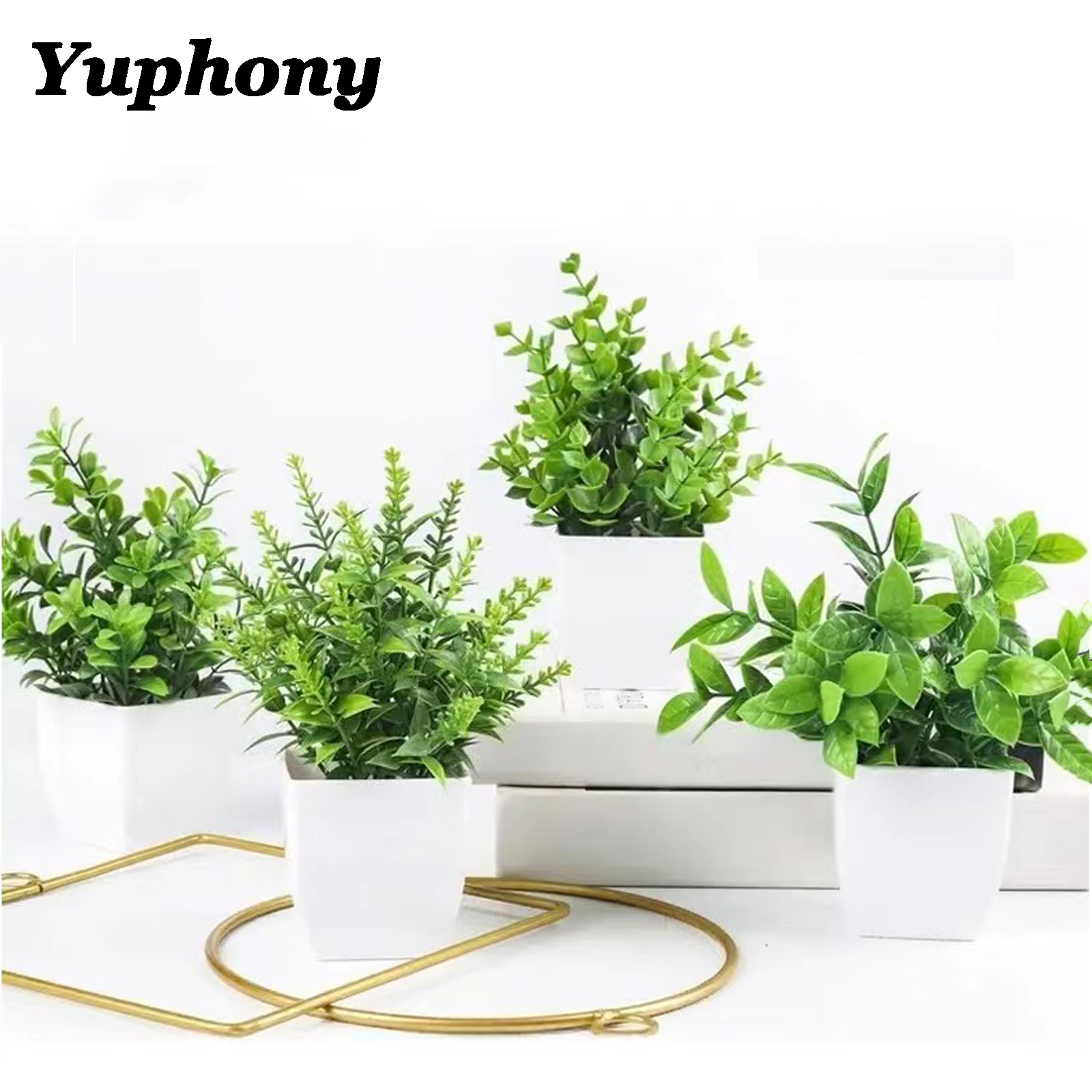 Yuphony 4Packs Fake Plant Mini Artificial Green Plant Simulation lavender Eucalyptus Potted Plant in White Pot for Office Bedroom Bathroom Living Home Room Decoration