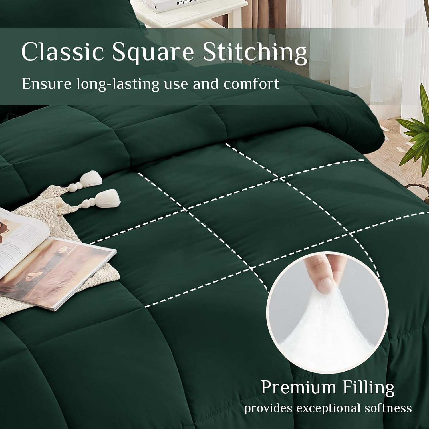 Cooling Comforter Twin Size, Down Alternative Duvet Insert with Corner Tabs, All Season Soft Quilted Bed Comforter, Lightweight Bedding for Women & Men, Dark Green