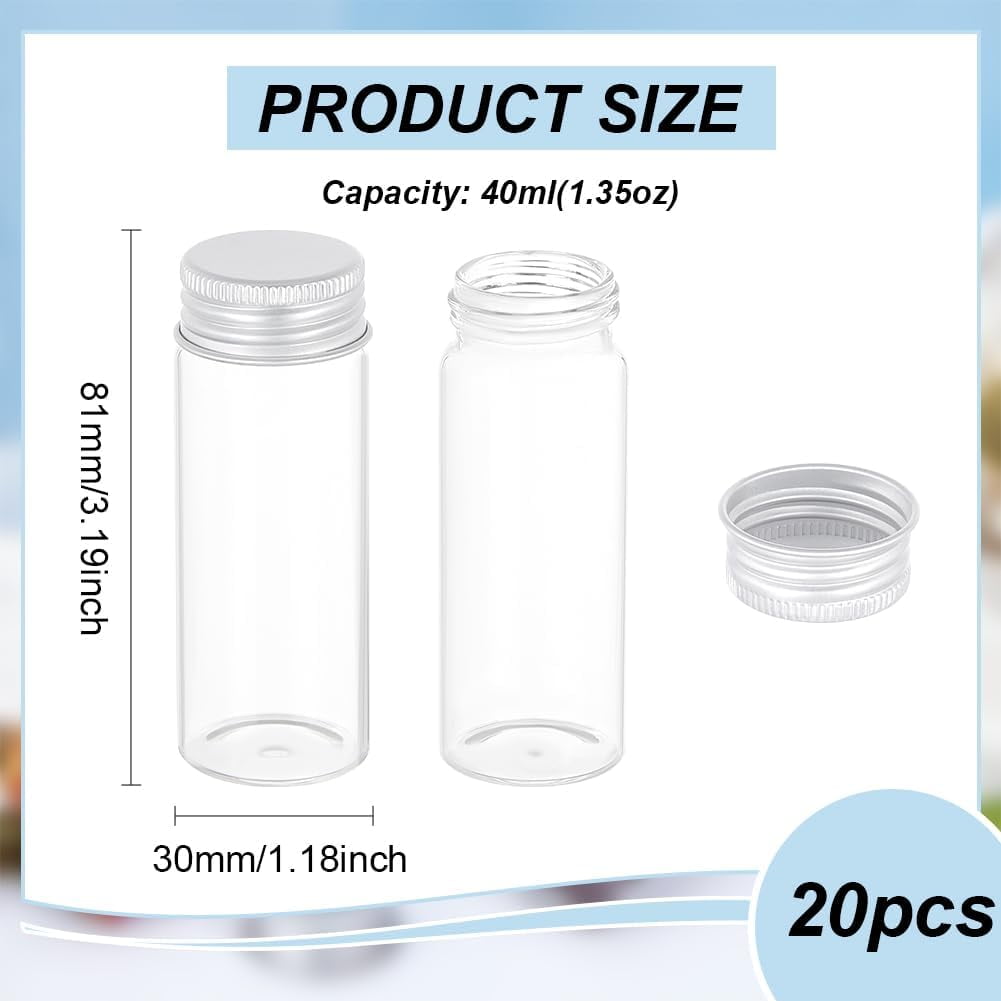 1Box 20Pcs Glass Bead Containers with Aluminum Cap Silver 8.1x3cm Capacity: 40ml(1.35fl. oz)