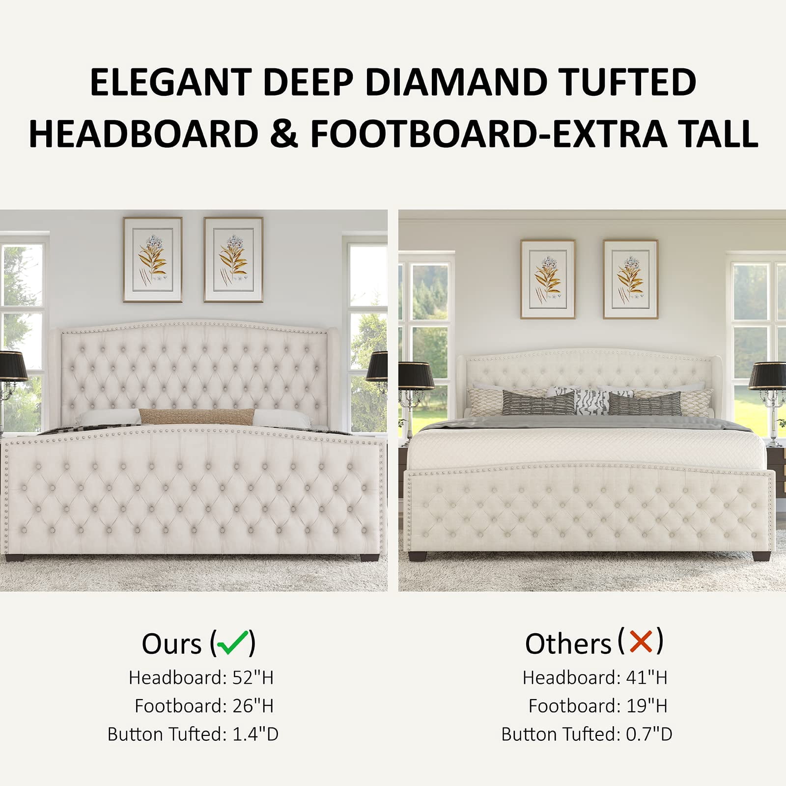 Merluxy California King Size Platform Bed Frame, Velvet Upholstered Bed with Deep Button Tufted & Nailhead Trim Wingback Headboard, Cream