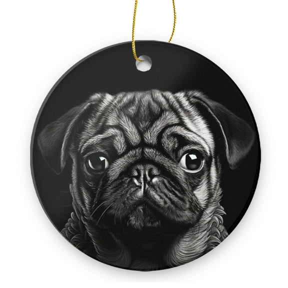 Black And White Pug Portrait on Black Background - Christmas Ornament Xmas Keepsake Ceramic Ornaments Holiday Decorations for Tree Christmas Gift Ideas 2.95in