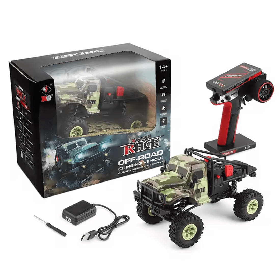 1:18 4WD RC Off-Road Rock Crawler, High-Torque Climbing Truck with LED Lights, 7.4V Rechargeable Battery, 2.4GHz Remote Control & All-Terrain Tires Hobby-Grade RC Car for Adults
