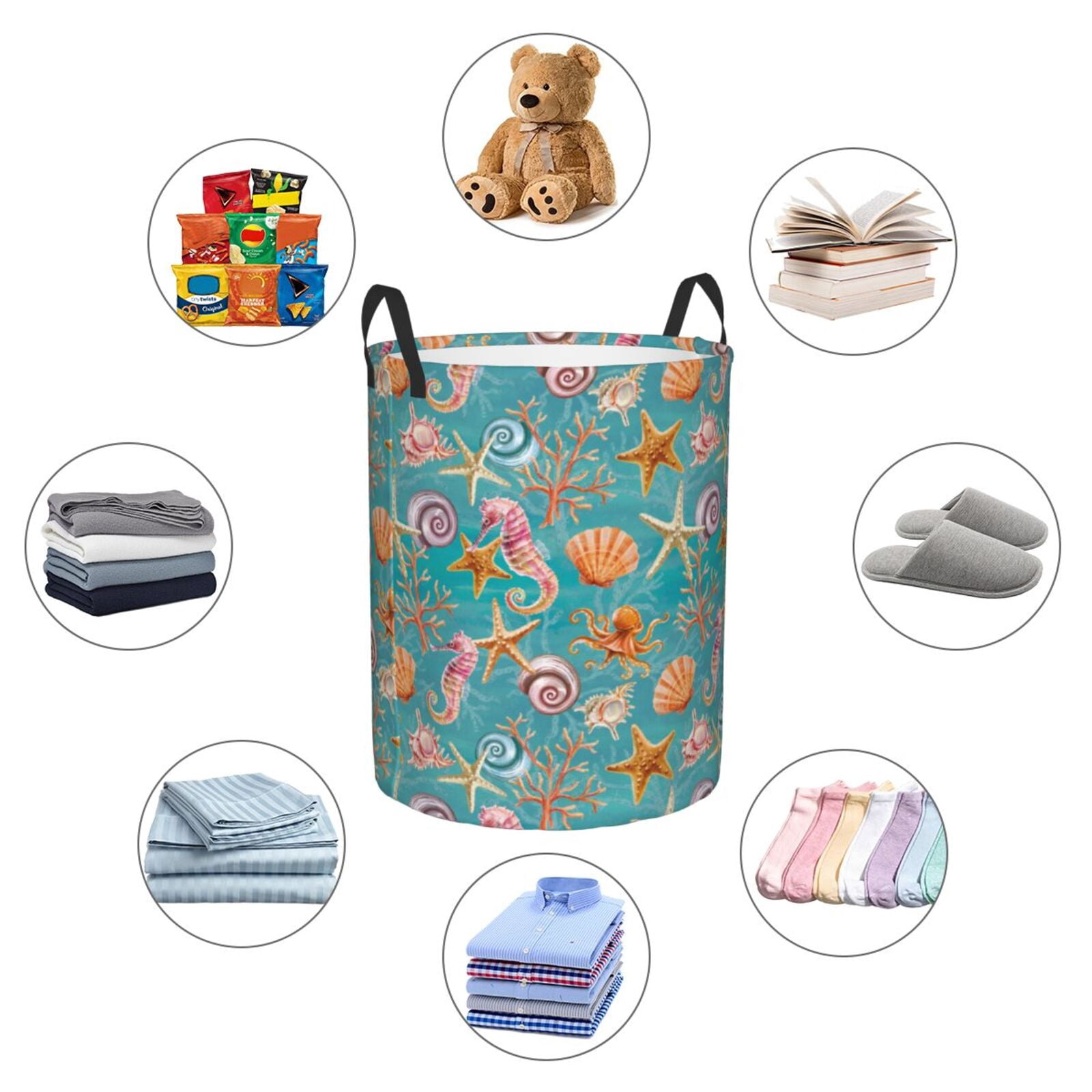 Large Laundry Basket with Handles - Starfish Seahorse Scallops Kids Baby Dirty Clothes Laundry Hamper for Bedroom Aesthetic