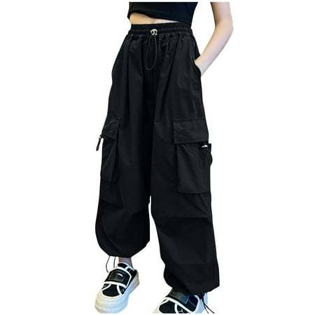 

FLVPOV Girls Parachute Pants Streetwear Kids Casual Solid Wide Leg Cargo Pants Drawstring Elastic Waist Straight Leg Trousers with Multi Pockets Black 5 Years