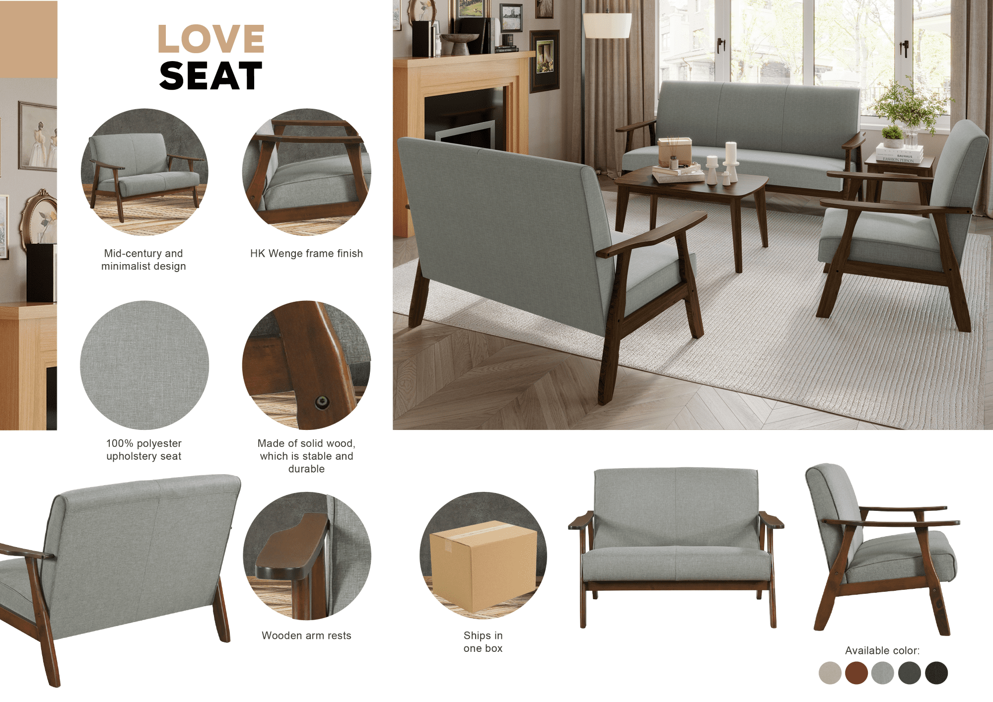 Castle Place Mid-Century Upholstered Linen Loveseat, Warm Grey