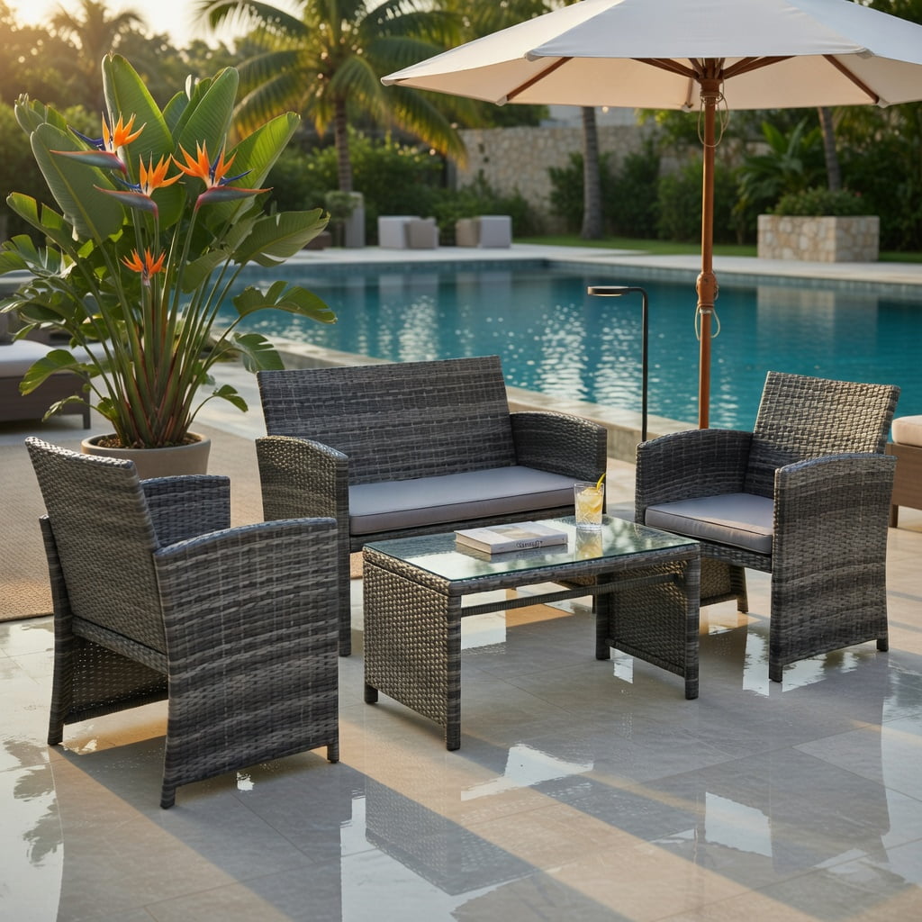 Hommoo 4-Piece Outdoor Rattan Patio Furniture Set, PE Wicker Loveseat, 2 Single Chairs & Tempered Glass Coffee Table for Backyard, Balcony, Garden, Gray