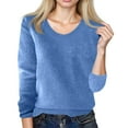 thumbnail image 3 of Sweaters for Women Solid Color Crewneck Long Sleeve Lightweight Basic Warm Winter Ladies Knitted Sweater Blue 2XL, 3 of 4