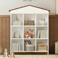 thumbnail image 2 of House-Shaped Storage Rack with Nine Storage Compartments, Three-Layer Bookshelf with Colorblock Designed, Farmhouse Wood Bookcase for Home Office (Brown), 2 of 6