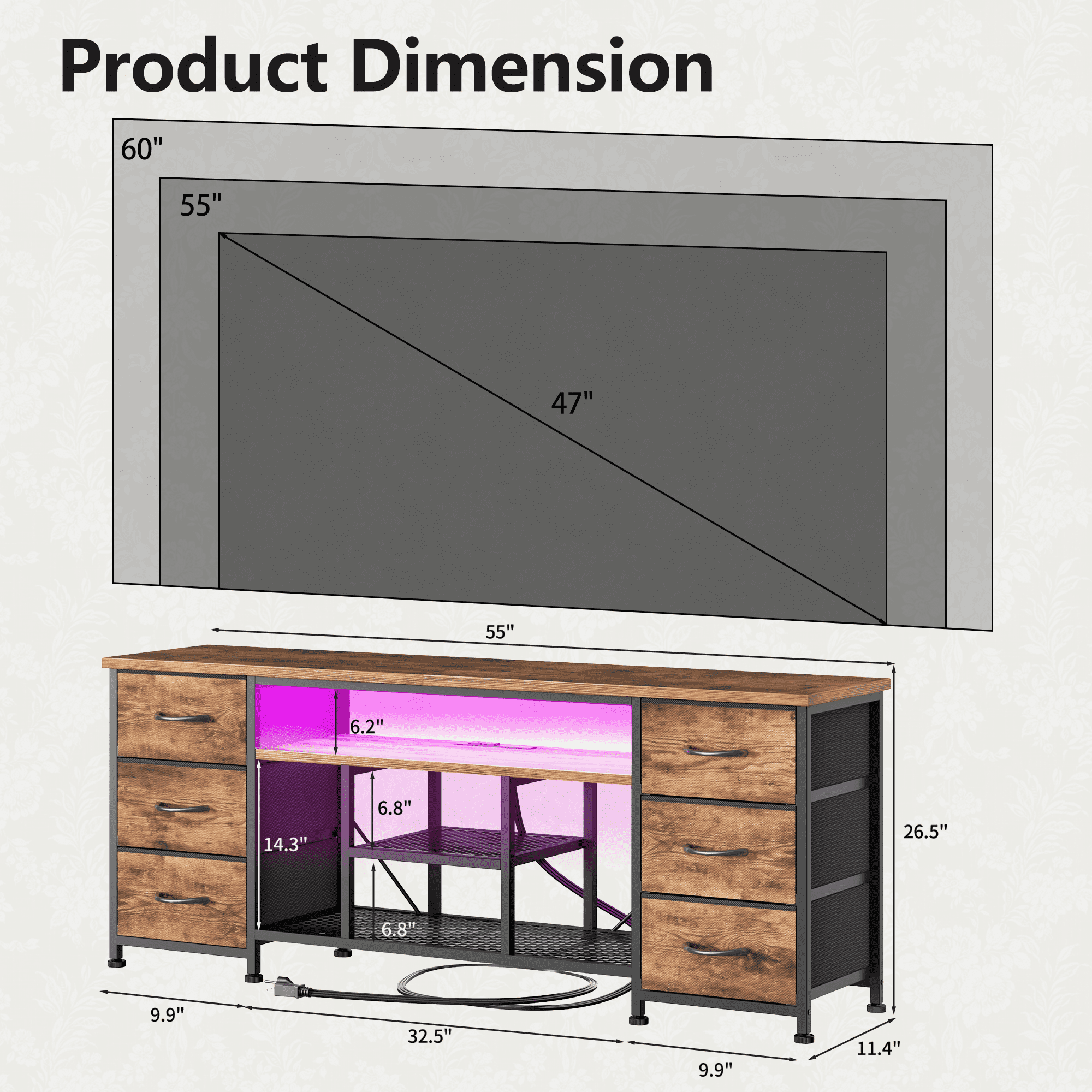 Tydimor Modern TV Stand for TVs up to 60", LED Entertainment Center with Power Outlets and 6 Drawers, Media Console with Storage for Living Room, Rustic Brown