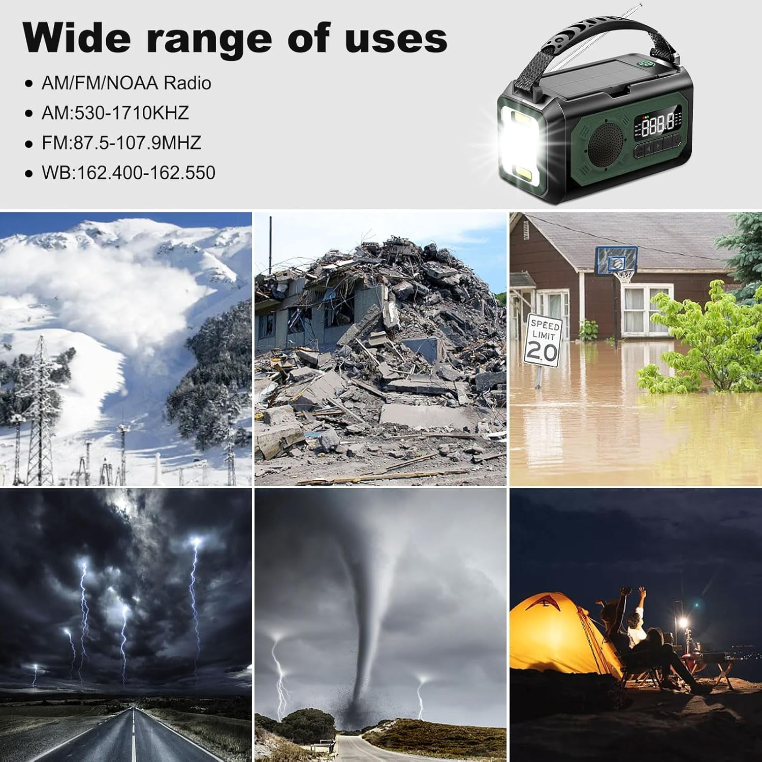 12000mAh Emergency Radio, AM/FM/NOAA Weather Alert Radio, Portable Hand Crank Radio Solar/Type-C Charging Outdoor Radio with Torch & LED Reading Lamp, SOS Alarm, Compass, Power Bank (Army Green)