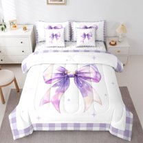 Feelyou Magic Ribbon Bow Bedding Comforter Set 7 Pieces for Girl, Fairy Tale Princess Full Bedding Set, Glitter Purple Bowknot Reversible Fitted Sheet Flat Sheet, Breathable Home Decor
