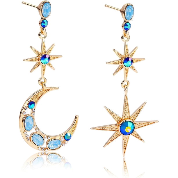 Pendientes de Mujer Pendientes Colgante Diseño de Luna y Estrellas con Zirconia Cúbica, Aretes de Mujer Hipoalergénicos Color Oro