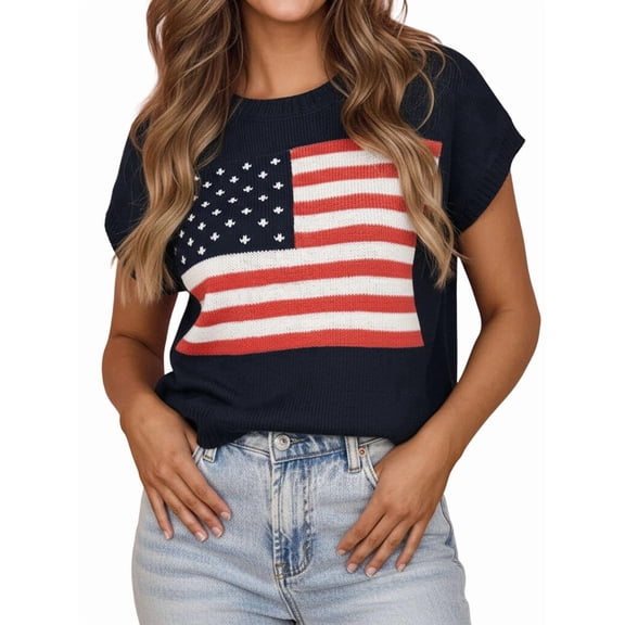 Gynyvoja Women'S American Flag Pattern Cap Sleeve Crew Neck Sweater Casual Loose Pullover Cardigan Sweater
