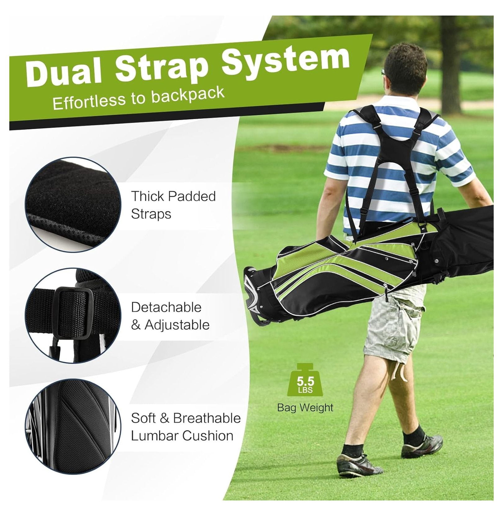 Golf Stand Bag 6 Way Divider, 8 Pockets Lightweight Golf Bag with Rain Hood & Umbrella Holder for Men Women