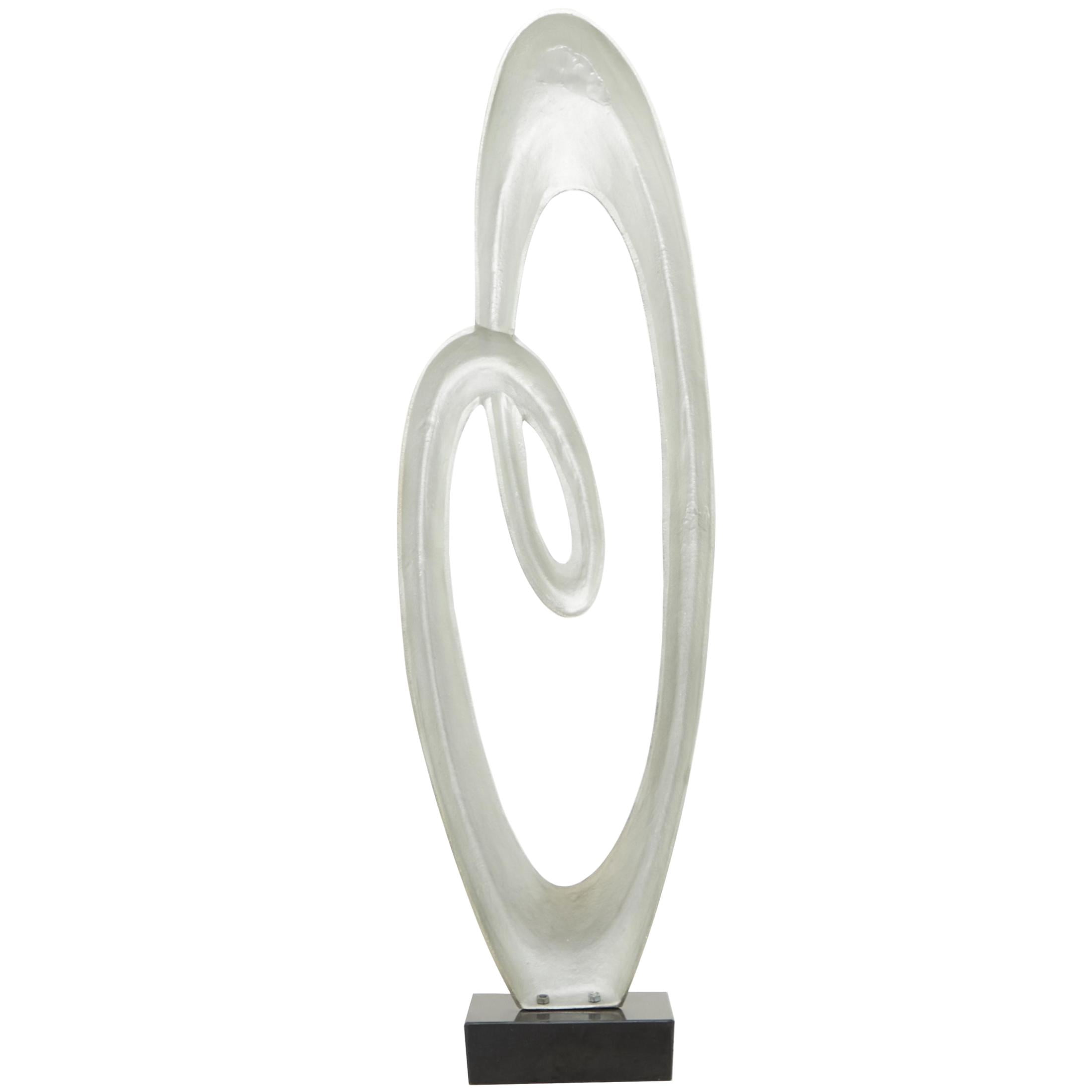 16" x 52" Silver Aluminum Metal Tall Floor Loop Abstract Sculpture with Black Marble Base, by DecMode