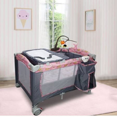 Foldable Baby Crib Playpen Playard Pack Travel Infant Bassinet Bed Music Pink