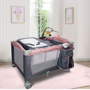 Foldable Baby Crib Playpen Playard Pack Travel Infant Bassinet Bed Music Pink