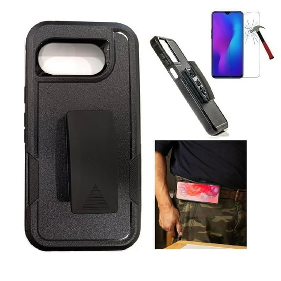 For Google Pixel 9a Case, Shockproof 360-Degree Rotating Belt Clip Kickstand Case Cover  with Tempered Glass (Black)