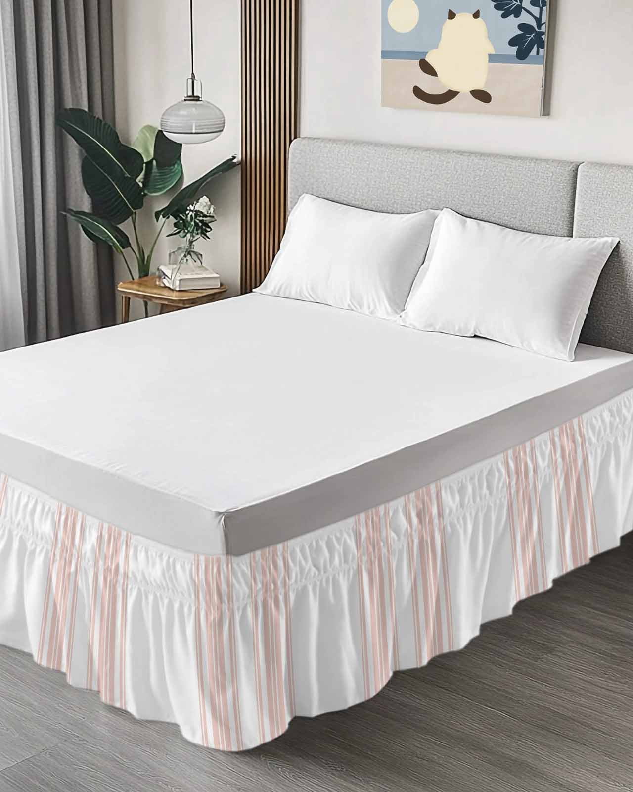 Colorful Stripes Bed Skirt King Size 18" Drop Pink Wood Texture White Ruffled Wrap Around Bed Skirts Adjustable Elastic Bedskirt Dust Ruffle for King Size Bed