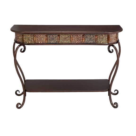 DecMode Traditional Brown Wood and Metal Console, Entryway, Hallway Table with Ornate Detailing and Round Edges, 43"W x 32"H