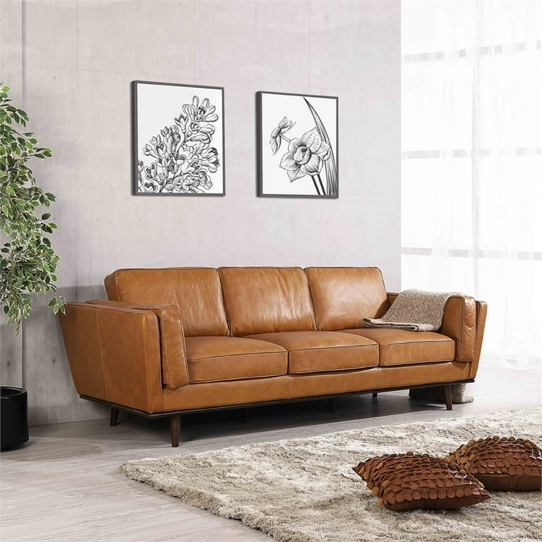 Austin 89 Mid Century Modern Cushion Back Genuine Leather Sofa Couch 3 Seater Light Brown For Living Room Bedroom Apartment Dorm Office Tan Com