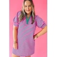 thumbnail image 3 of Plus Size Rose Stripe Collared V Neck Puff Sleeve Shift T-Shirt Dress with Pockets | [ZhiHiMeRi] | (US 14W-16W)1X, 3 of 12