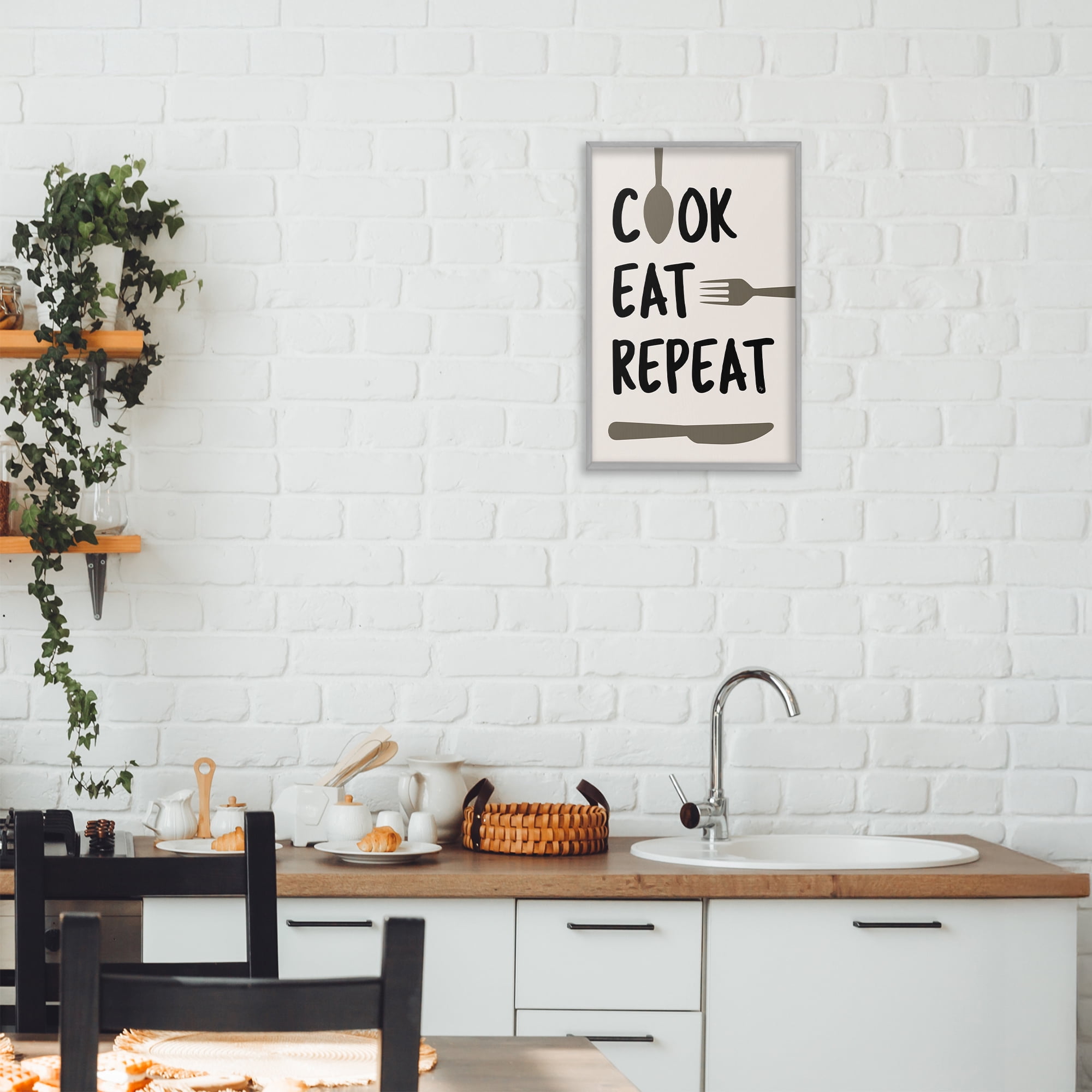Stupell Industries Cook Eat Repeat with Utensils Gray Framed Giclee Art, design by Martina Pavlova