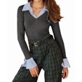 thumbnail image 2 of Womens Long Sleeve Pol-O Shirts Business Casual Work Tops Slim Fit V Neck Collared Patchwork Fall Outfits Gray L, 2 of 6