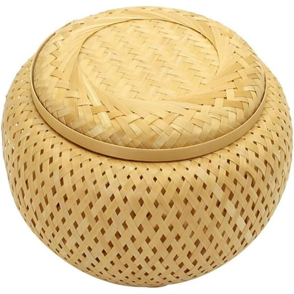 Bamboo Tea Basket with Lid Round Rattan Storage Jar Wicker Storage Baskets Woven Storage Canister Sticky Rice Steamer Baskets Snacks Fruit Basket Bamboo Weaving Steamer