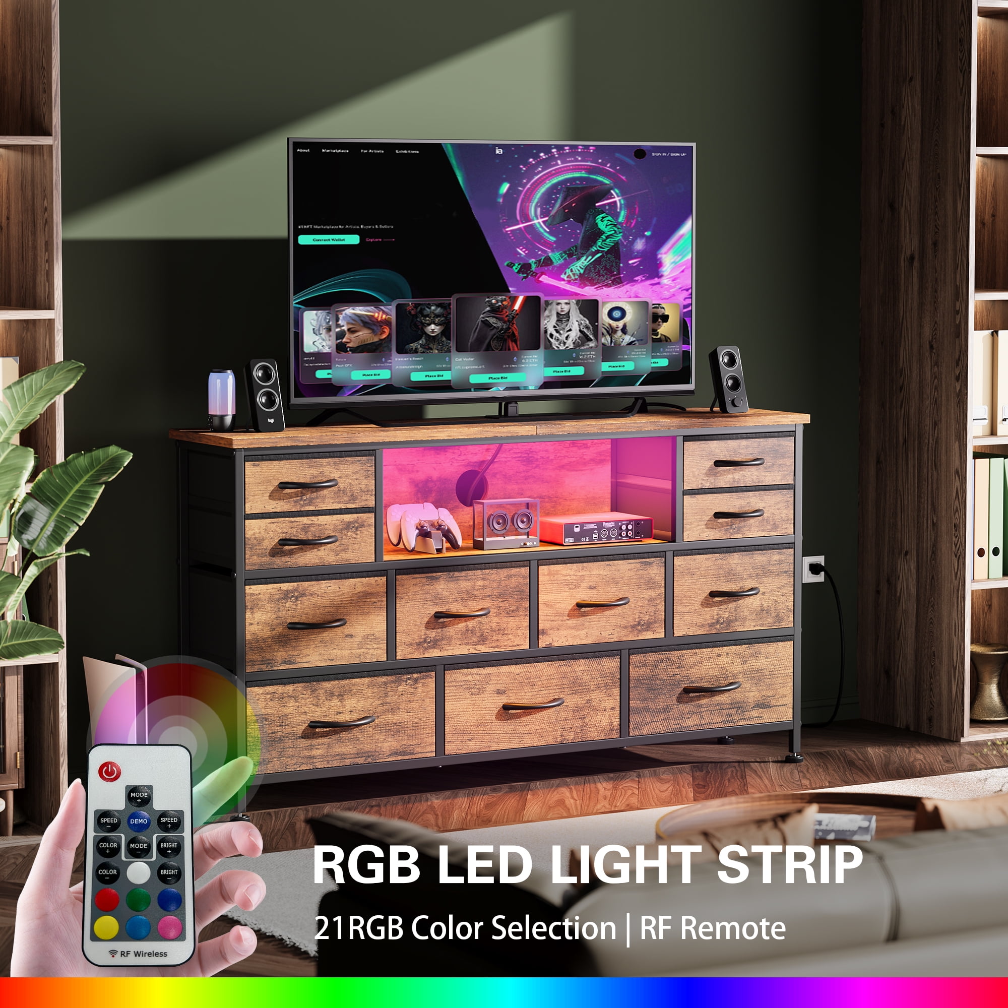 GIKPAL Long Dressers for Bedroom with LED Lights, Dresser TV Stands for 60 inch TV with 11 Brown Drawers and Power Outlets, Fabric Chest of Drawers for Bedroom Furniture, Living Room, All Age_group  (图5)