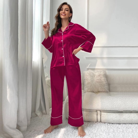 Satin Pj Set for Women 2 Piece Valentines Pjs Long Sleeve Button Down Sleepwear Loungewear Red Pajama Set for Women