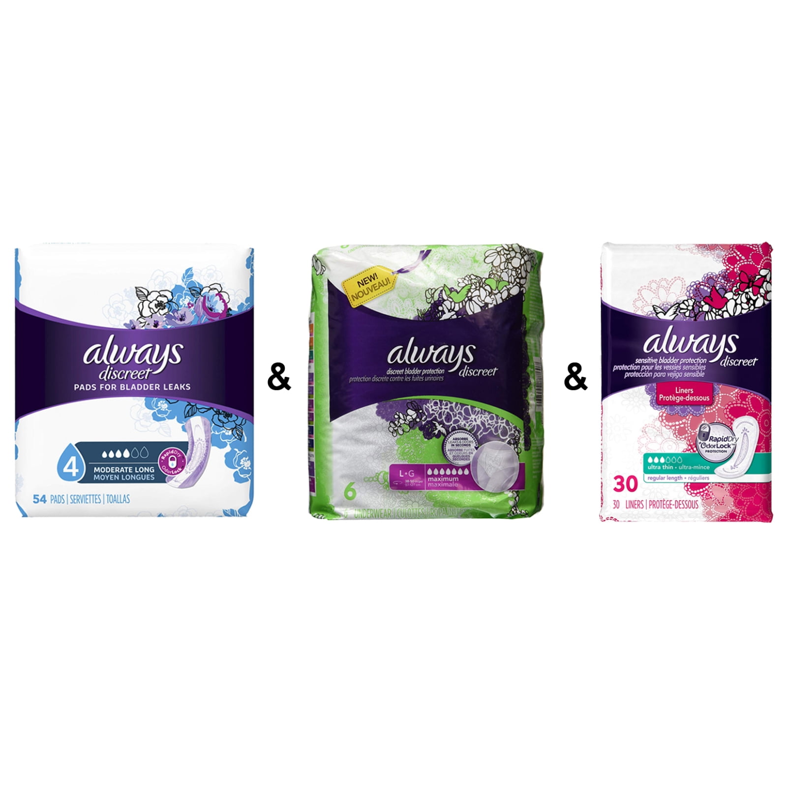 Discreet, Incontinence Pads, Moderate, Long Length, 54 Count and Always