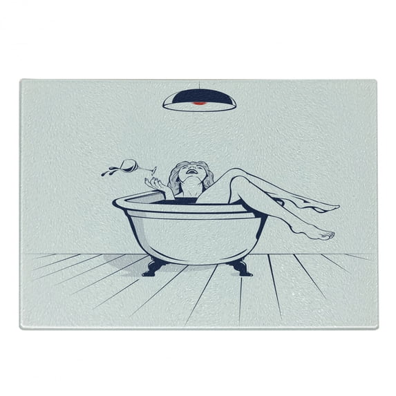 Wine Cutting Board, Young Woman Relaxing on the Bathroom with Glass of Wine Drawing Art, Decorative Tempered Glass Cutting and Serving Board, Small Size, Dark Blue Red White, by Ambesonne