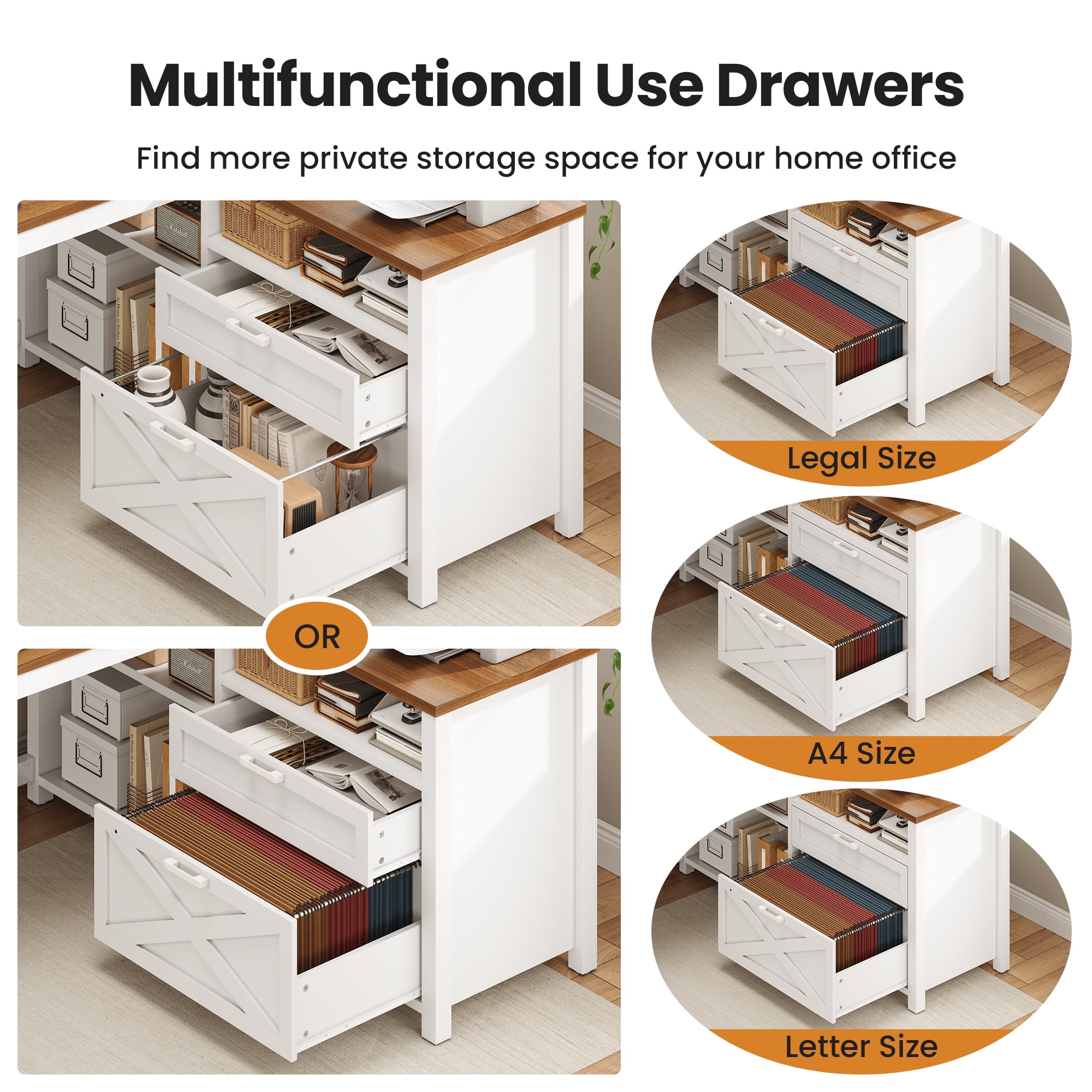 SEDETA L-Shaped Desk with Power Outlets & LED Lights for Home Office, Large Computer Desk with Monitor Stand & Storage Drawer & File Drawer, Farmhouse Corner Computer Desk with 5 Open Shelves, White
