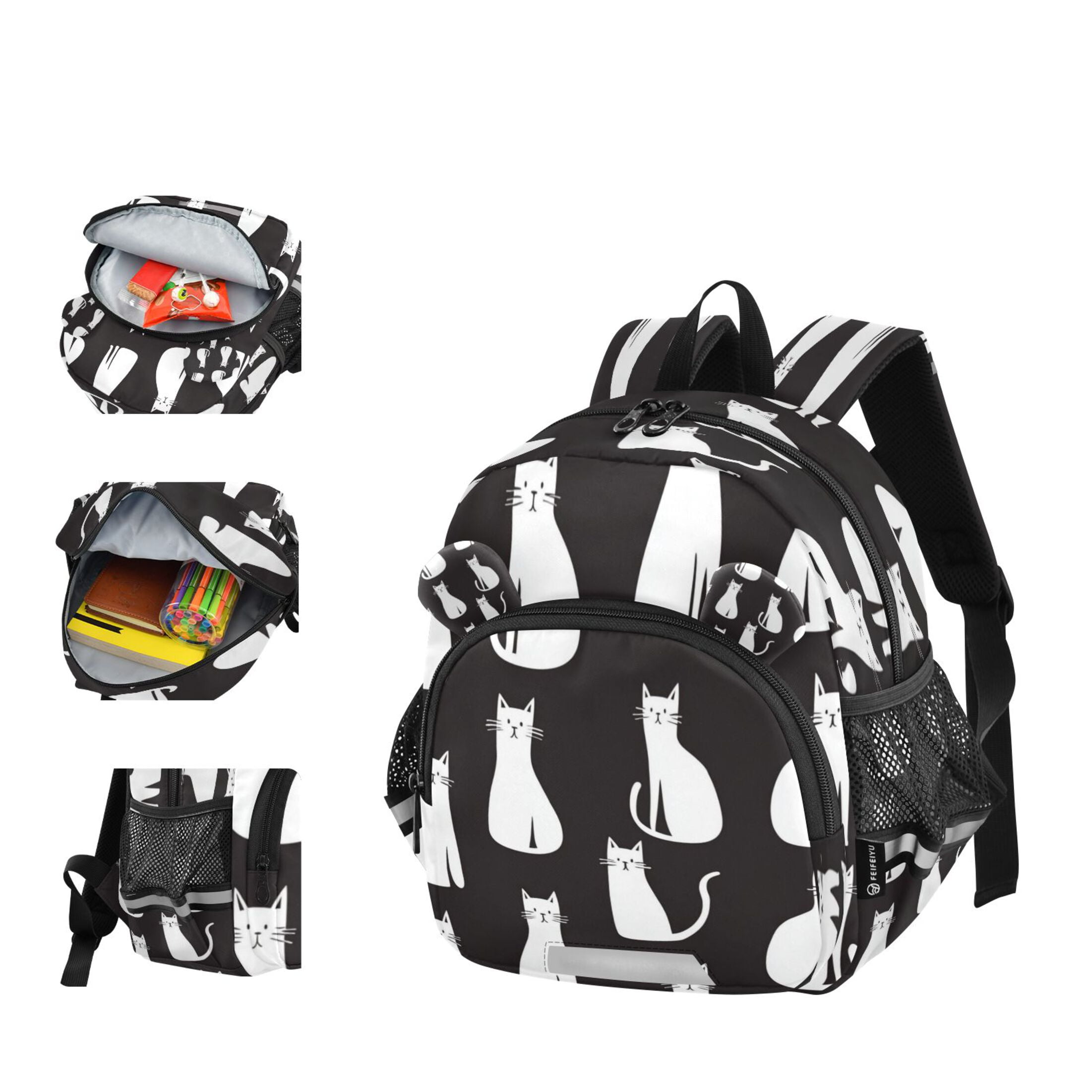 RMDQTR Adorable Ear-Print Backpack with Reflective Strip and Anti-Lost Leash Adjustable Shoulder Straps Mini Travel Backpack Cute White Cats