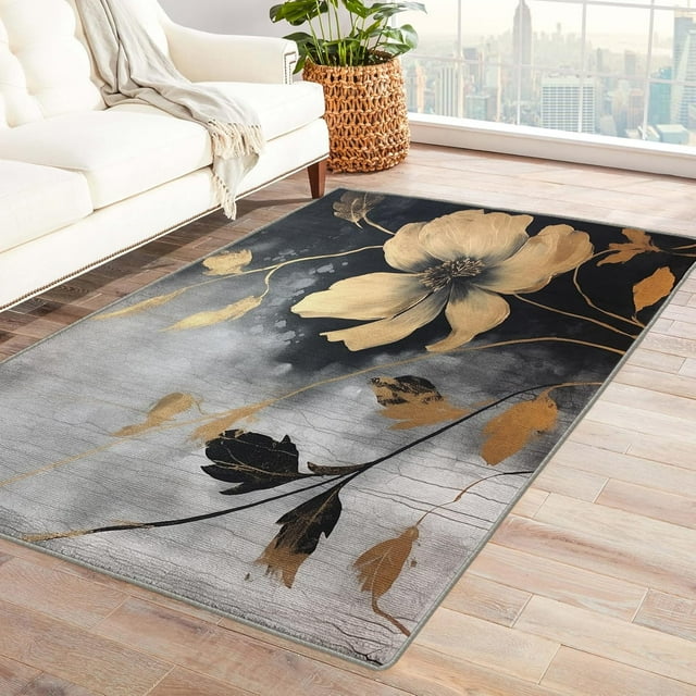 Modern Floral Rug 5x7 Area Rugs for Bedroom Living Room, Plante Florals Area Rug, Flower Carpet Machine Washable Non-Slip Large Rug, Soft Low Pile Area Rug, Indoor Decorative Rug d&ip221
