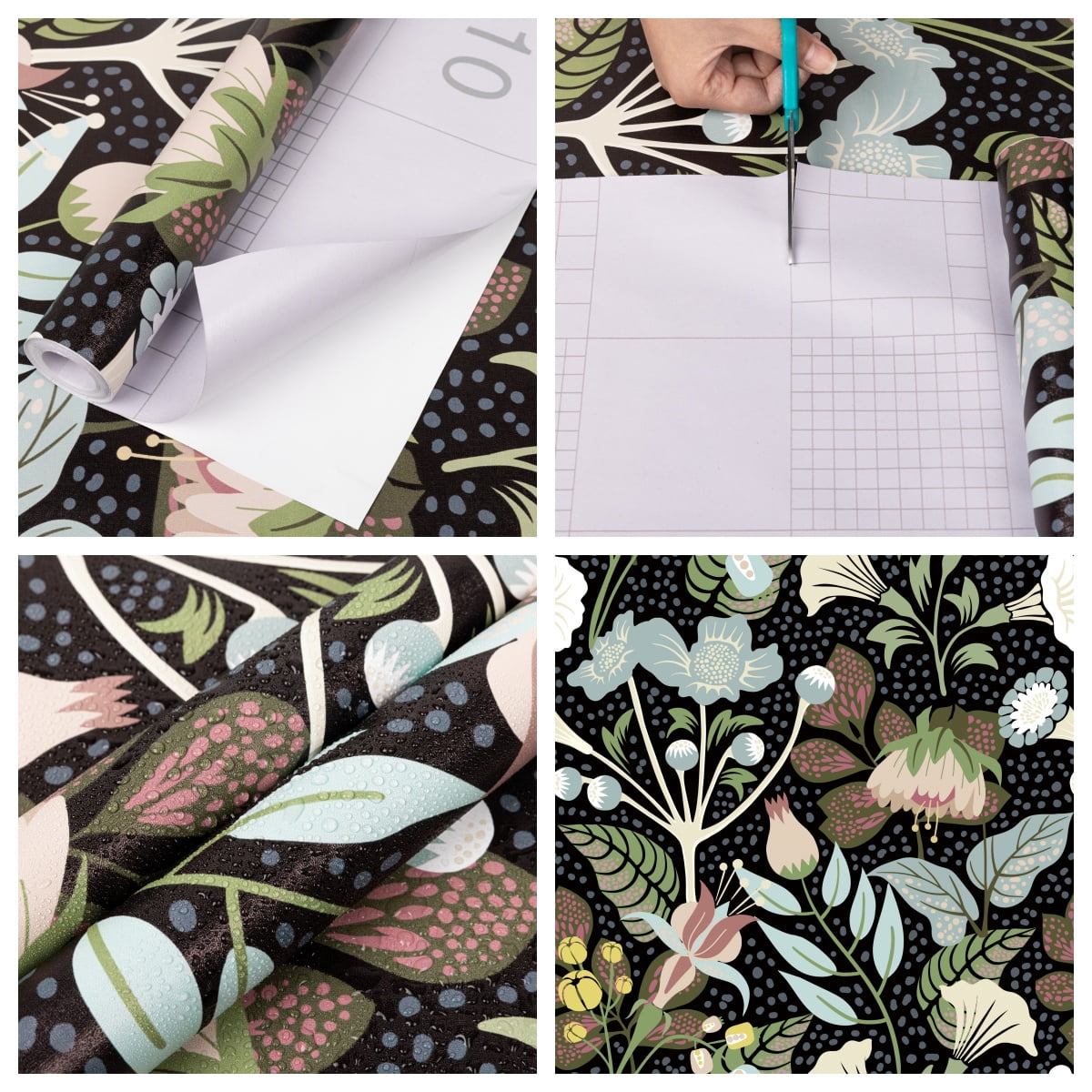 (4 pack) Abyssaly Floral Peel and Stick Wallpaper 17.7" x 118" Self-Adhesive Removable Black Morning Glory Contact Paper for Kitchen Bedroom Cbinet Wall Decoration