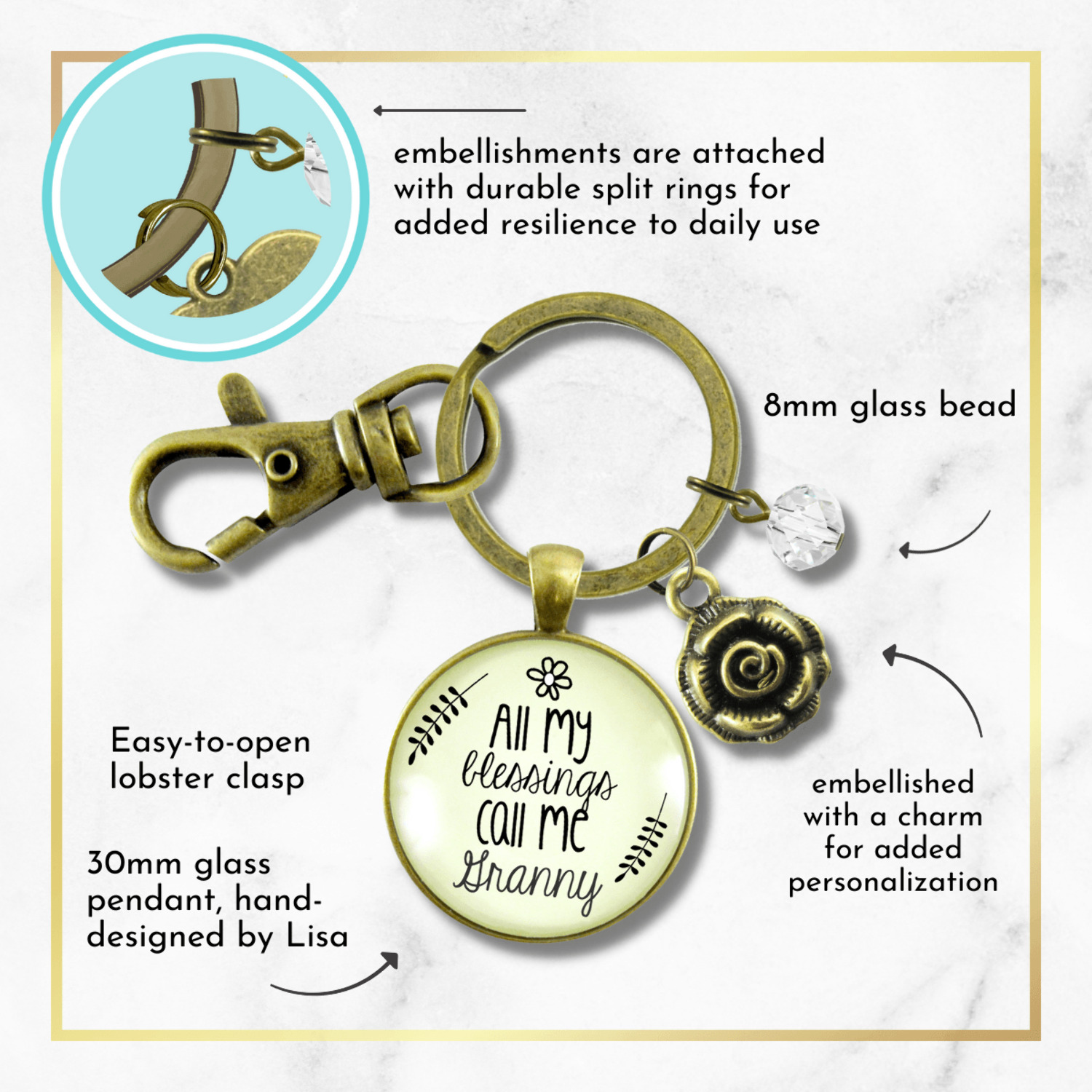 Granny Keychain All My Blessings Grandma Rose Gutsy Goodness Female Adult Bronze Metal Jewelry