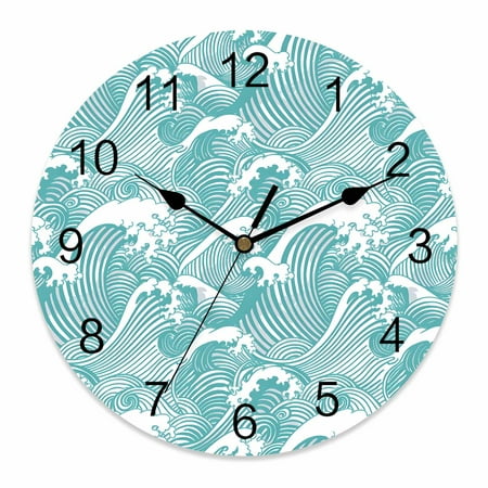 Wall Clock Turquoise Waves Clocks PVC Silent Non-Ticking Battery Operated Decorative Ocean Lines Stripes Round Clock for Home Living Room Kitchen Bedroom Office School Wall Decor 14 Inch