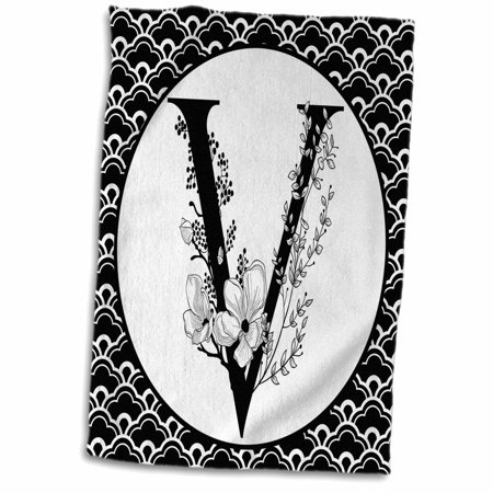 3dRose Black and White Floral Monogram V On Fancy Scallops - Towel  15 by 22-inch (twl_318044_1)