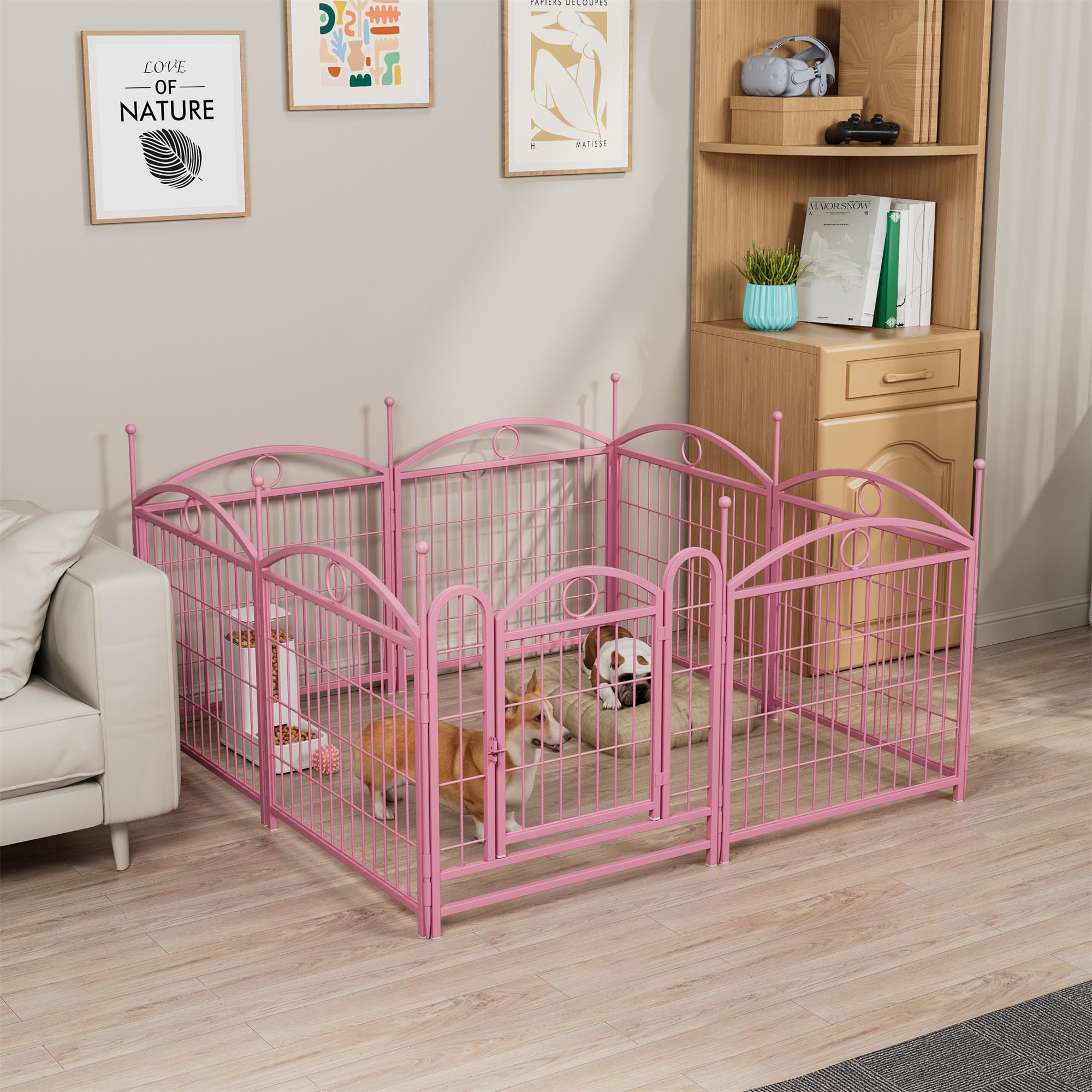 Pefilos Dog Playpen for Indoor, Yard, RV Camping, 24" 8 Panels Dog Fence for Puppy and Small Dogs, Outdoor Foldable Pet Exercise Pen with Doors, Pink