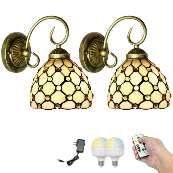 Kiven Battery Operated Wall Sconces, Tiffany Style Wall Lights with Rechargeable LED bulb and Glass Shade,Dimmable,Timing（Set of 2）