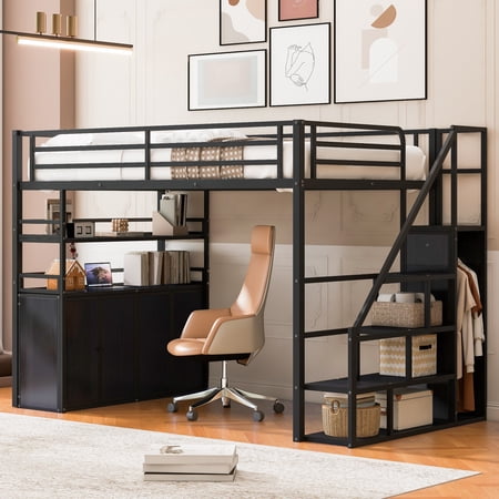 Euroco Full Size Loft Bed with Wardrobe and Shelve, Storage Cabinet and Lockers for Kids Teens Adults, Black