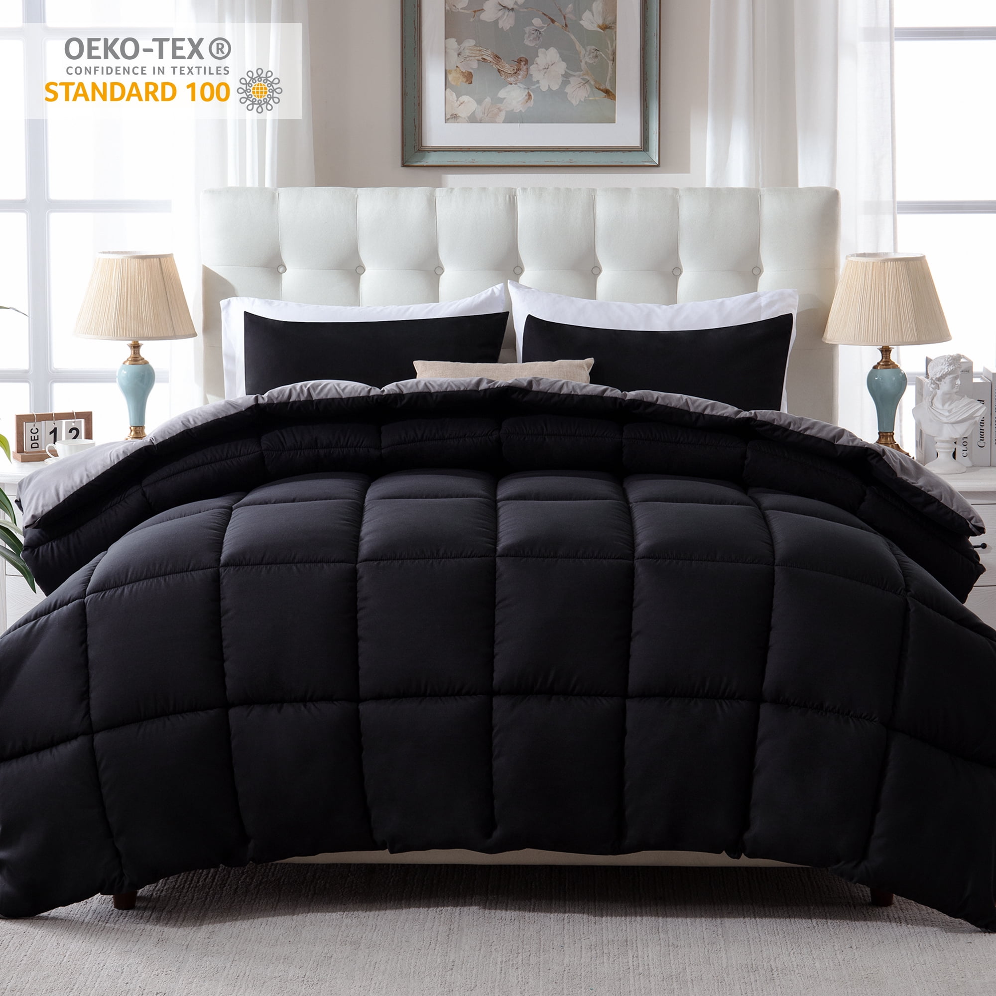 Yalamila 3-Piece Reversible Comforter Set, Queen – Black/Grey