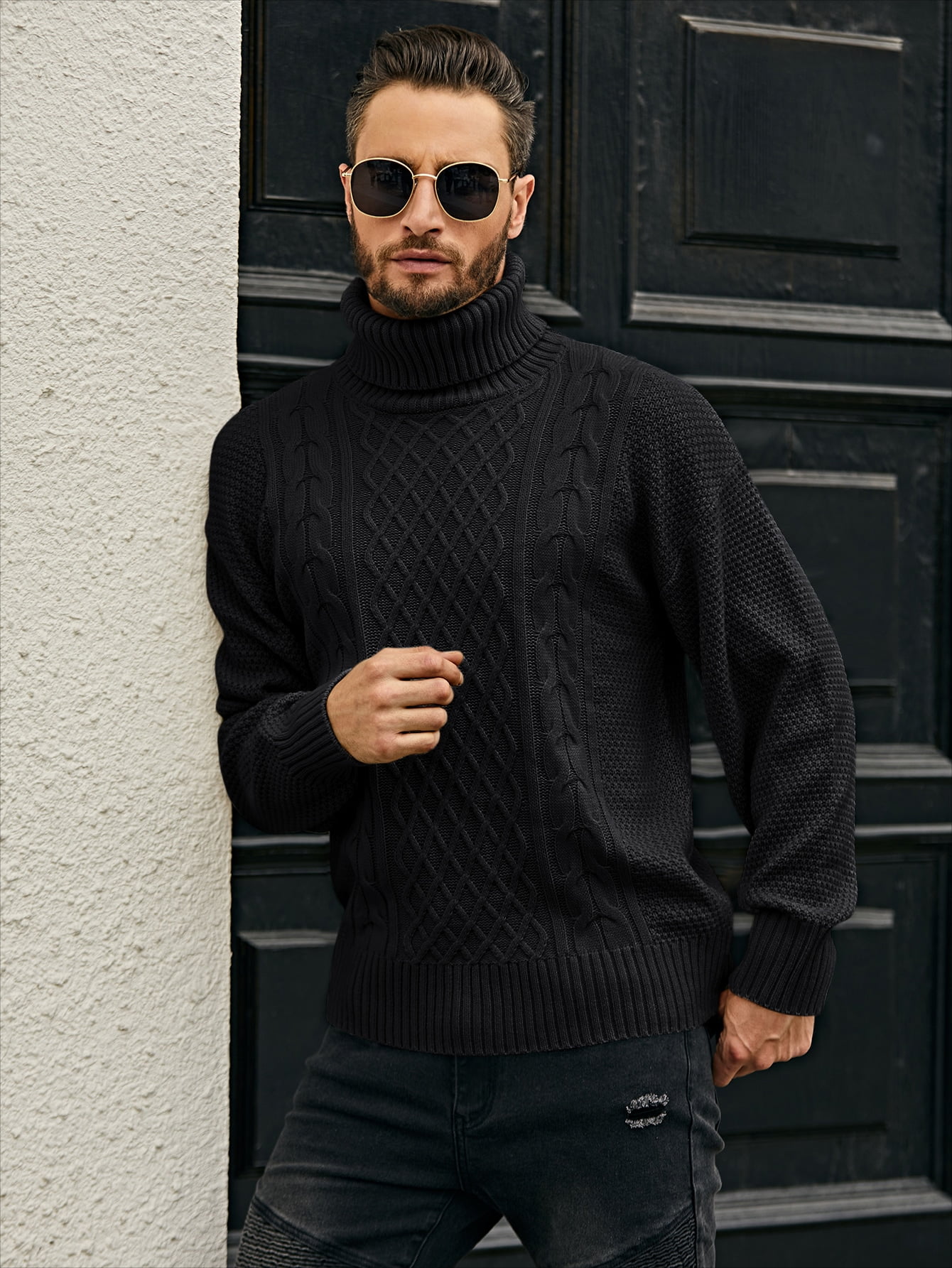 Black Men Turtleneck Cable Knit Sweater 