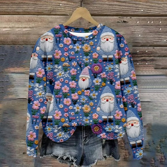 LSLJS Women's Casual Long Sleeve Sweatshirt Crewneck Vacation Christmas Stereoscopic Embroidery Printing Cute Loose Tops