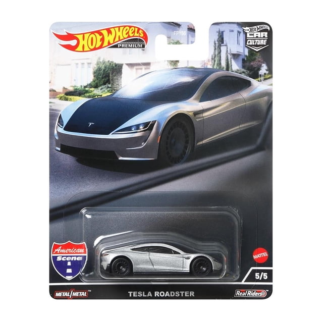 Vehículo de Juguete Hot Wheels Collector Tesla Roadster Safari en empaque, carro a escala 1:64 plateado con detalles negros y ruedas Real Riders, diseño aerodinámico ideal para juegos de carritos y colecciones de juguetes resistentes.