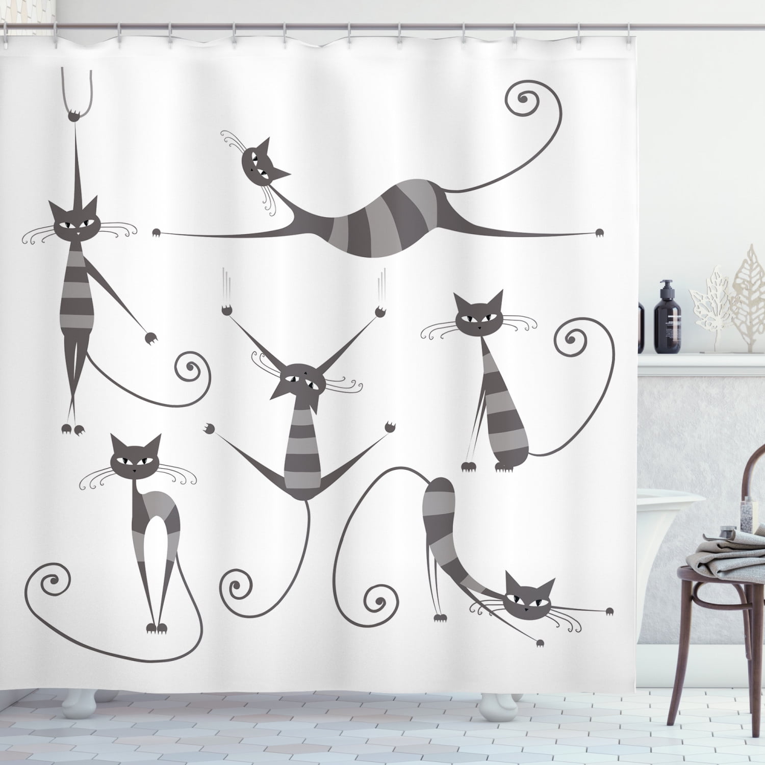 Cat Shower Curtain, Furry Skinny Striped Cats in Several Funny Body
